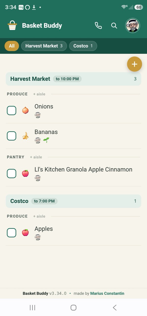 Basket Buddy showing two shops, Harvest Market and Costco, each with its closing time and a count of what is left to buy.