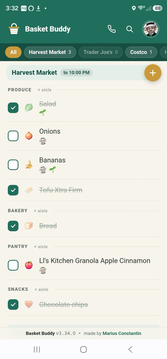 The full list at Harvest Market with produce, bakery, pantry and snacks; bought items struck through.
