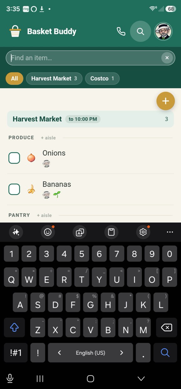 The find bar open with the keyboard up, filtering the list as you type.